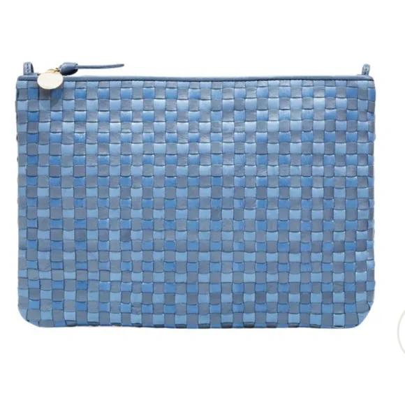 Clare V Flat Clutch w/ Tabs- woven Checker- Light Blue/Denim - Picture 1 of 5